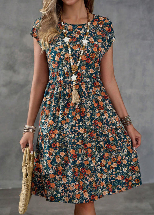 Classy Green O Neck Print Elastic Waist Cotton Dresses Summer