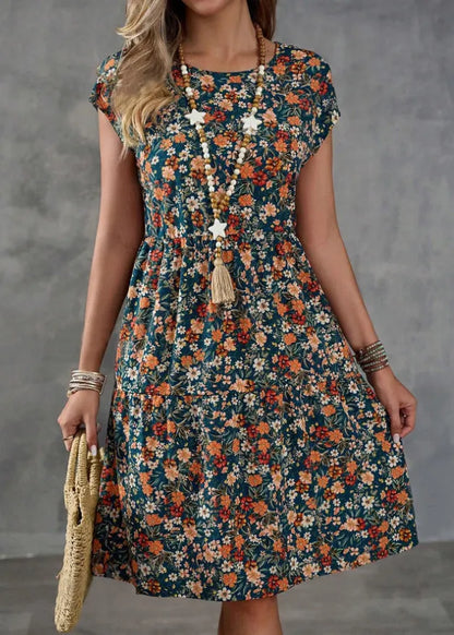 Classy Green O Neck Print Elastic Waist Cotton Dresses Summer