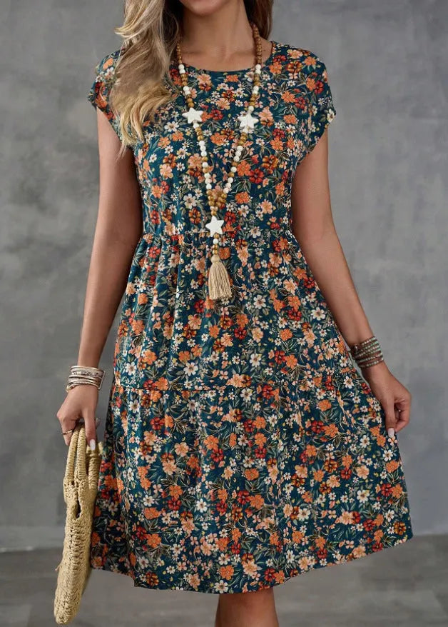 Classy Green O Neck Print Elastic Waist Cotton Dresses Summer