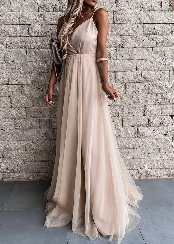 V Neck Wrinkled Tulle Spaghetti Strap Dress Summer