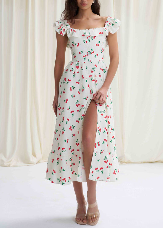 Fine White Ruffled Print Side Open Cotton Dress Summer