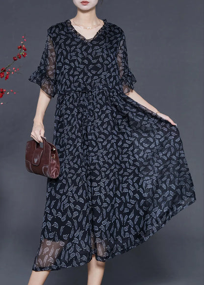 Black Cinched Print Chiffon Long Dresses Summer