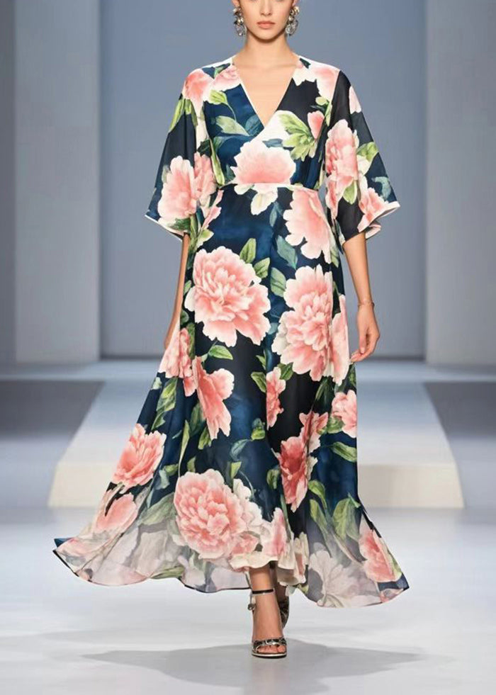 Navy V Neck Chiffon Long Dress Summer