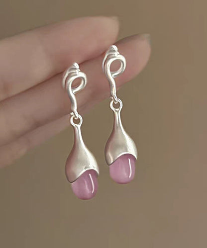 Pink Sterling Silver Cat Eye Stone Tassel Drop Earrings