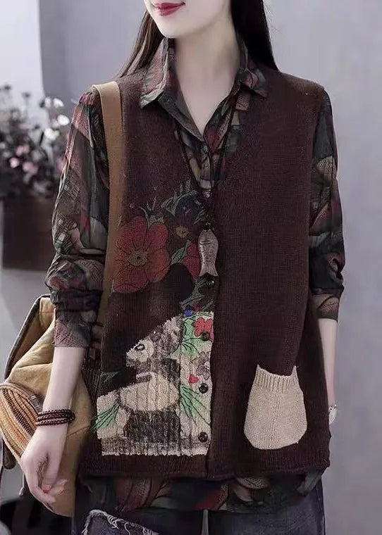 Khaki V Neck Print Button Cotton Knit Waistcoat Sleeveless