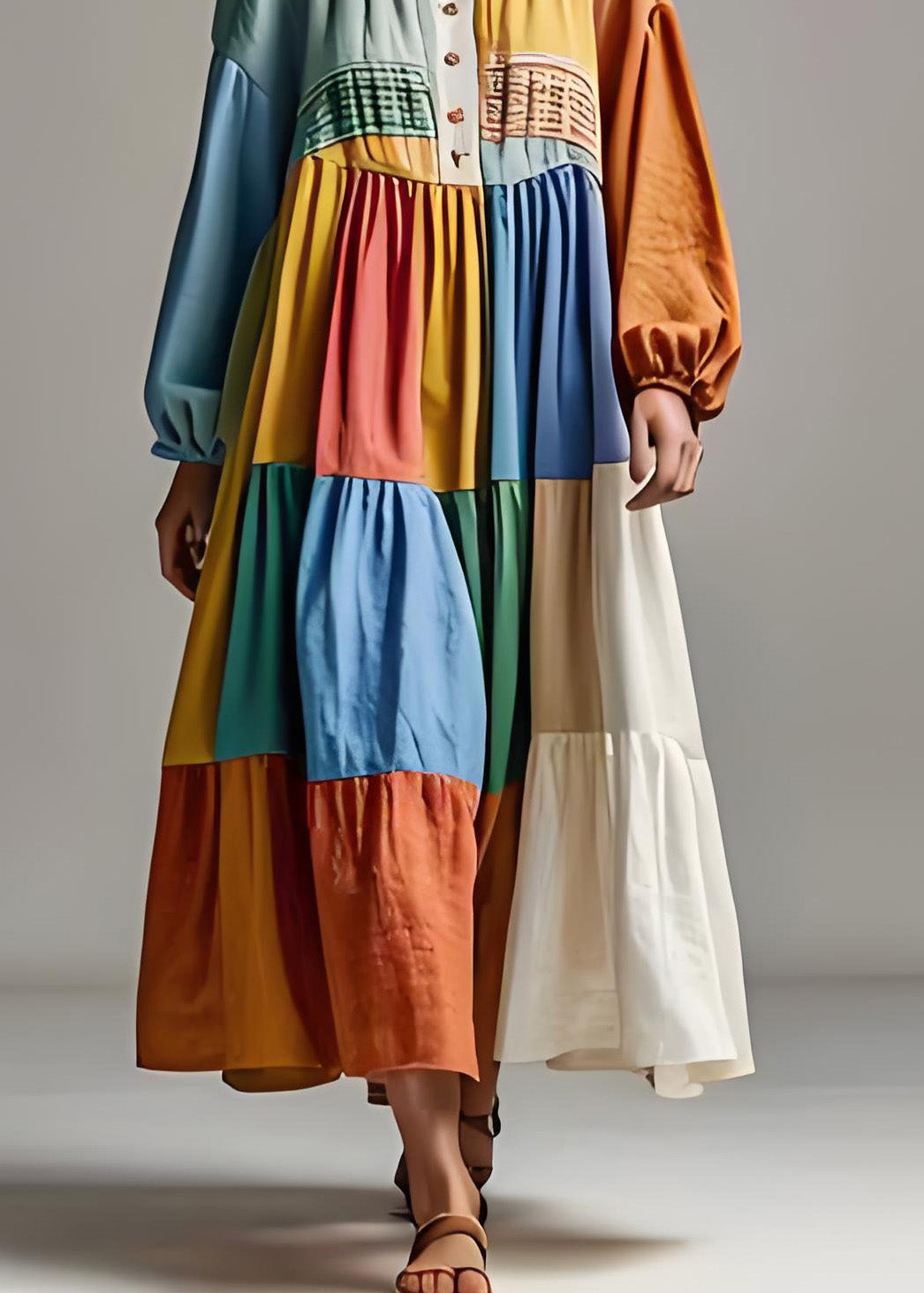 Handmade Colorblocku Neck Wrinkled Patchwork Cotton Dresses Summer