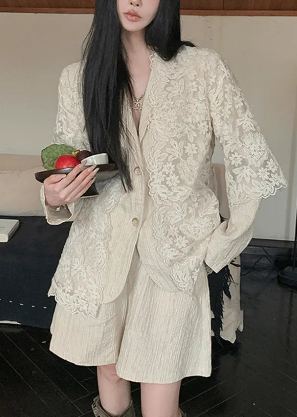New Beige Peter Pan Collar Coat Cardigans and Shorts Linen Suit Set Spring
