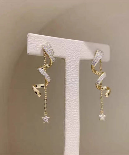 New Silk Sterling Silver Overgild Inlaid Zircon Star Tassel Drop Earrings