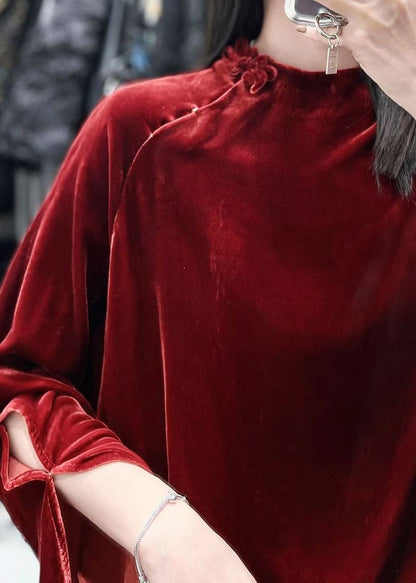 French Red Button Side Open Silk Velour Tops Long Sleeve