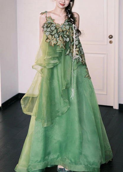 Stylish Green Embroidered Patchwork Silk Cotton Spaghetti Strap Dress Sleeveless