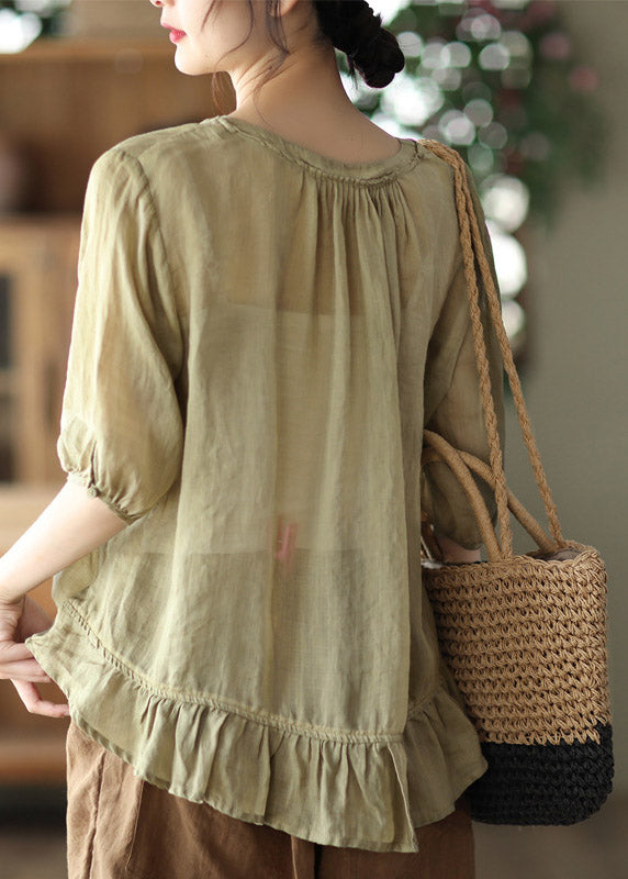 Loose V Neck Embroidered Button Linen Shirt Half Sleeve