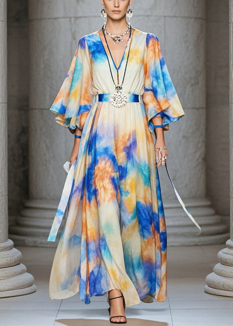 Cinched Tie Dye Chiffon Maxi Dresses Flare Sleeve