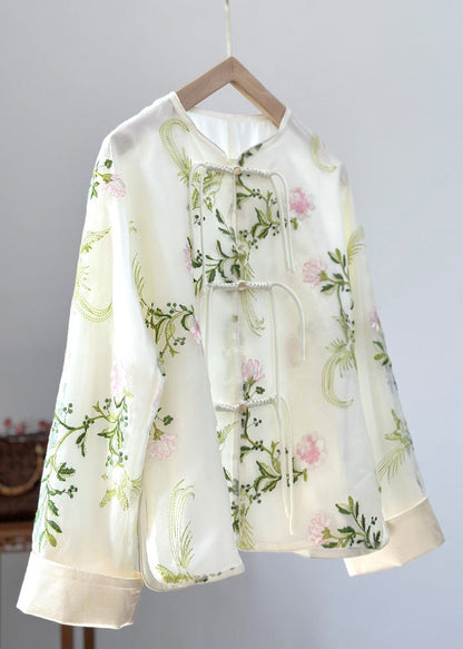 Green Embroidered Button Organza Shirts Fall
