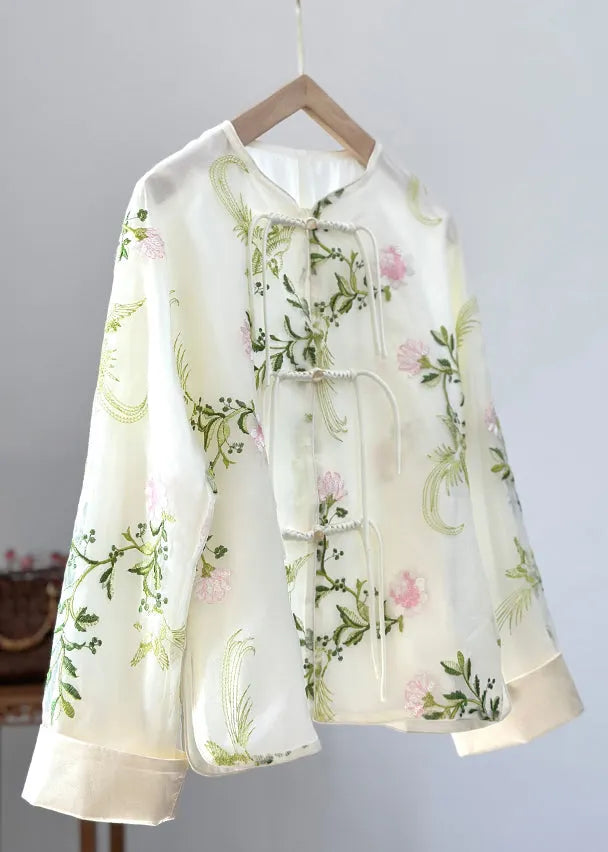 Green Embroidered Button Organza Shirts Fall