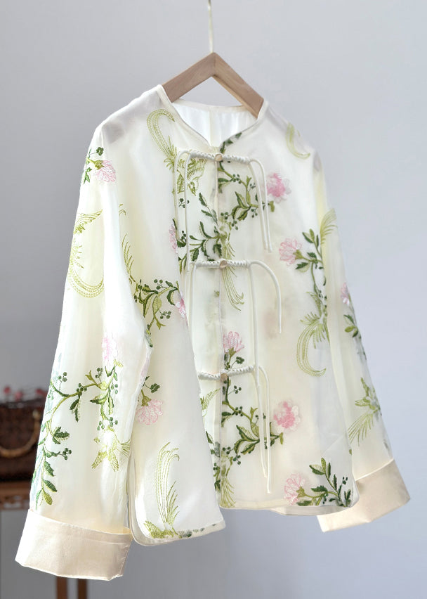 Green Embroidered Button Organza Shirts Fall