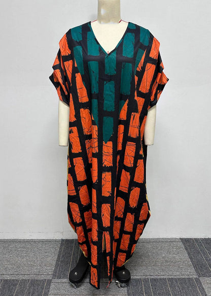 Orange V Neck Plaid Holiday Long Dress Summer