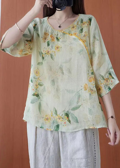 Light Green O-neck Print Linen Blouses Half Sleeve