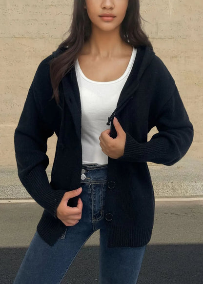 Style White Hooded Button Knit Loose Coat Fall