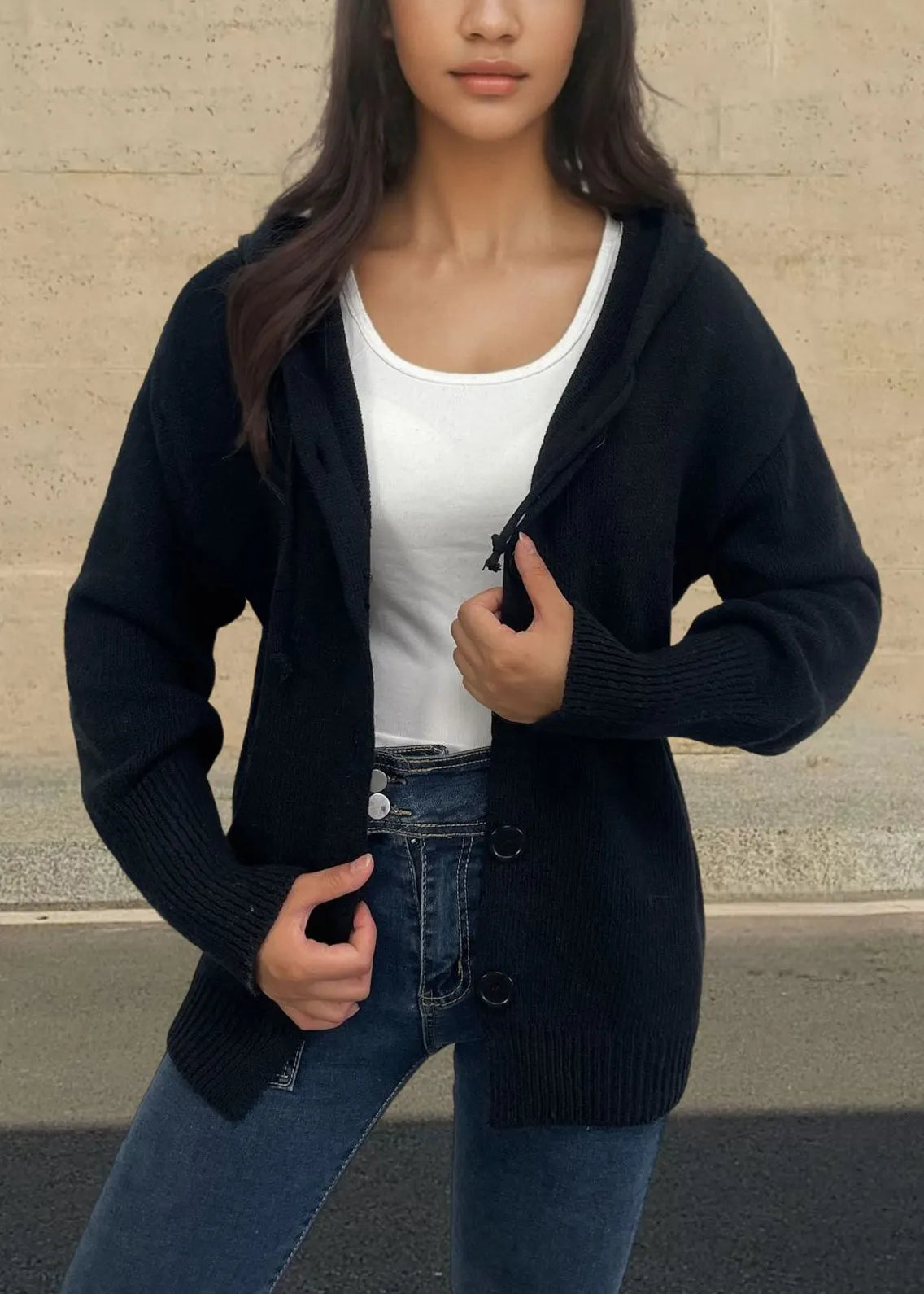 Style White Hooded Button Knit Loose Coat Fall