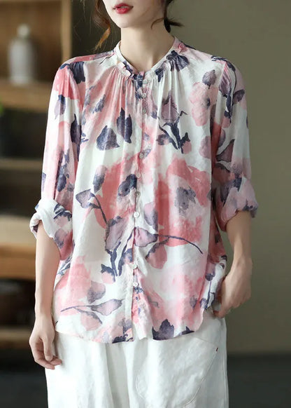 Pink Stand Collar Print Patchwork Cotton Shirt Tops Long Sleeve