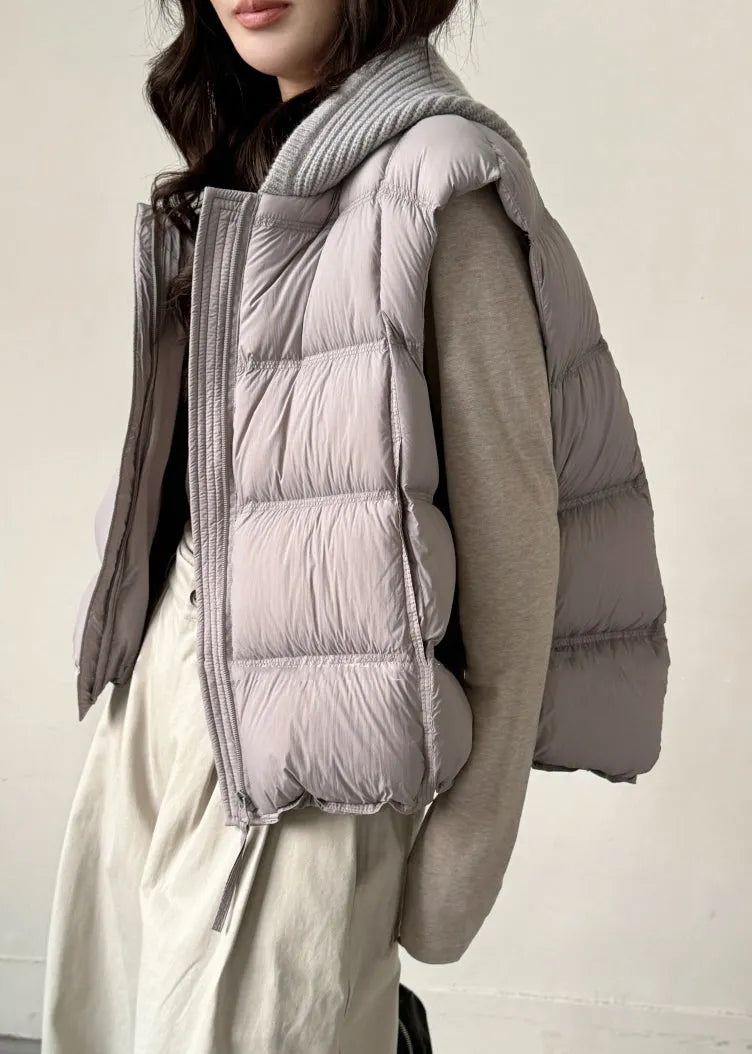 Grey Zippered Knit Patchwork Duck Down Waistcoat Hooded Sleeveless
