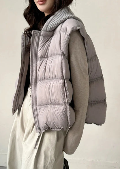 Grey Zippered Knit Patchwork Duck Down Waistcoat Hooded Sleeveless