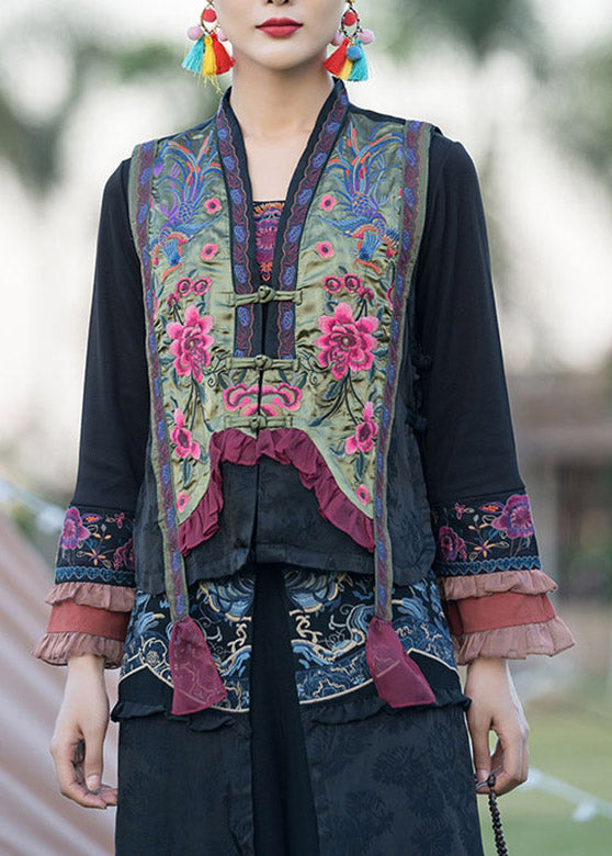 Green V Neck Embroidered Button Satins Waistcoat Spring