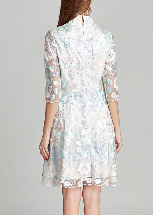 White Stand Collar Embroidered Silk Mid Dresses Summer