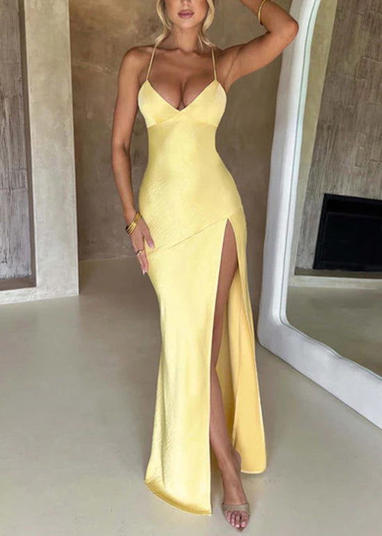 Green Side Open Silk Spaghetti Strap Dress Summer