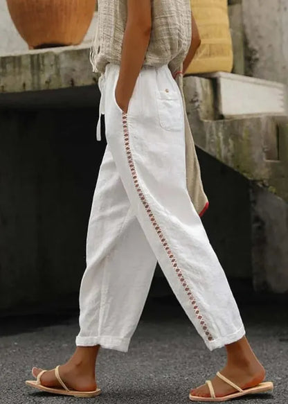 White Pockets Elastic Waist Cotton Crop Pants Summer