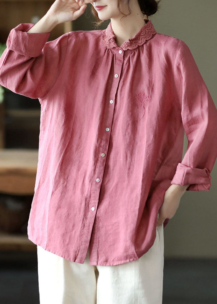 Handmade Pink Embroidered Lace Patchwork Linen Shirts Long Sleeve
