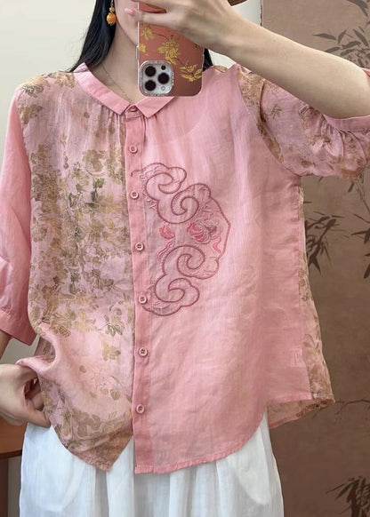 Natural Pink O-neck Embroidered Patchwork Print Linen Top Spring
