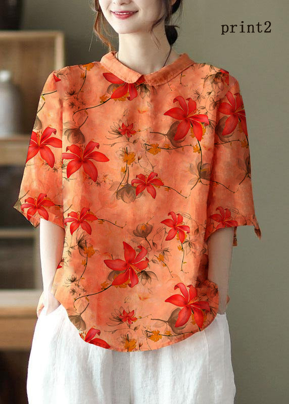 Diy Orange Print4 Ramie Half Sleeve Shirt Summer
