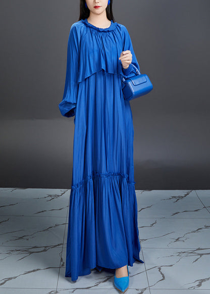 Blue Ruffled Tie Waist Cotton Maxi Dress Fall