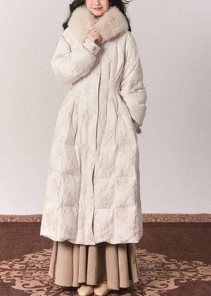 Beige Fur Collar Print Button Tunic Maxi Down Jackets Winter