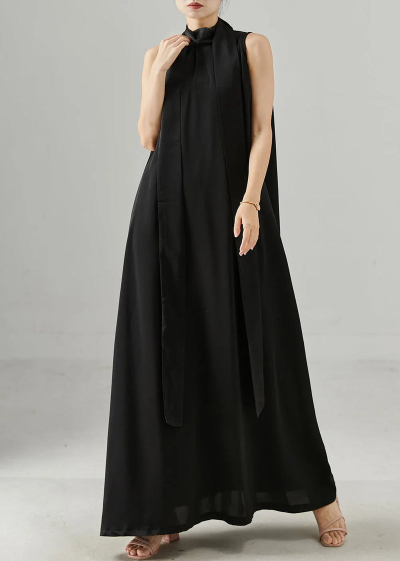 French Black Stand Collar Tie Waist Robe Dresses Sleeveless