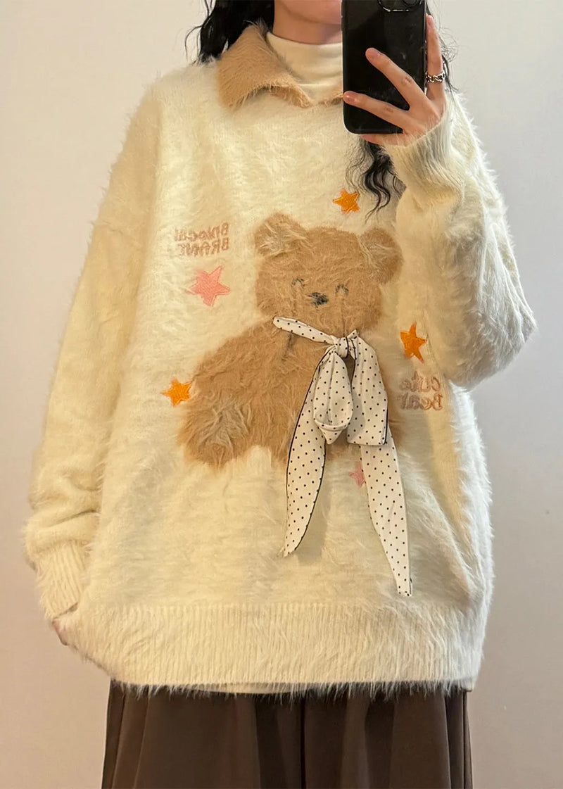 Apricot Peter Pan Collar Little Bear Bow Mink Hair Knitted Sweaters Winter