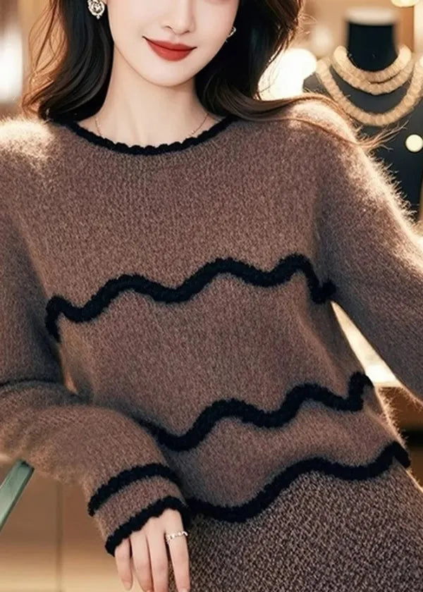 Stylish Brown O Neck Sweaters and Skirts Knit Two Pieces Set Spring
