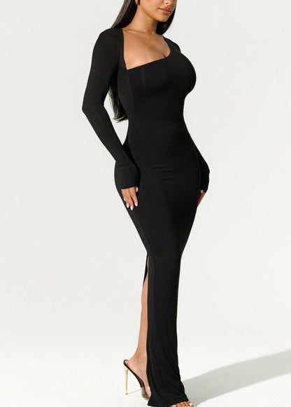 Italian Black Slash Neck Slim Fit Cotton Long Dress Spring