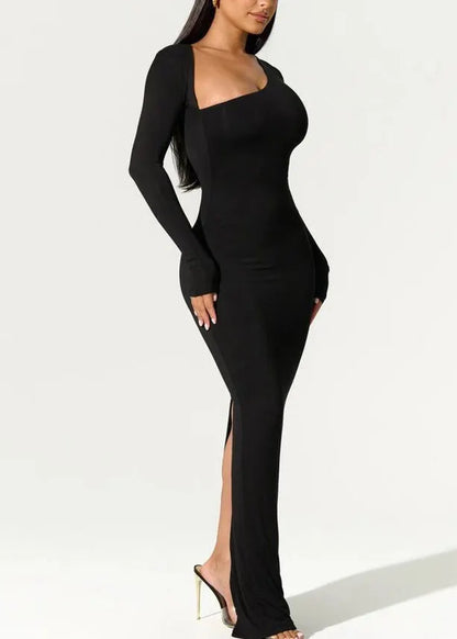 Italian Black Slash Neck Slim Fit Cotton Long Dress Spring
