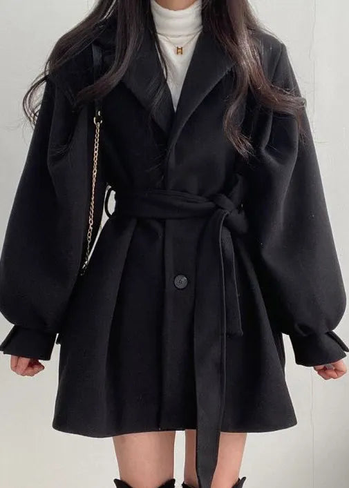 Style Black Peter Pan Collar Tie Waist Woolen Coat Lantern Sleeve