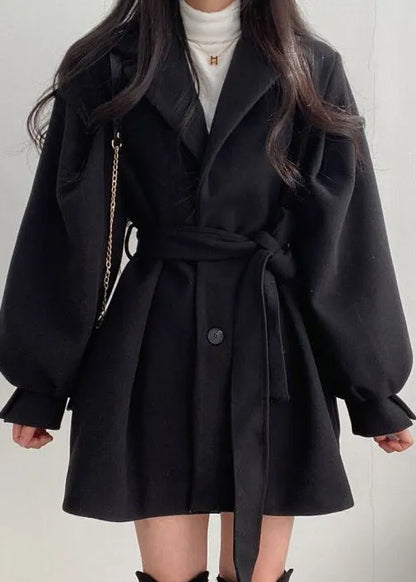 Style Black Peter Pan Collar Tie Waist Woolen Coat Lantern Sleeve
