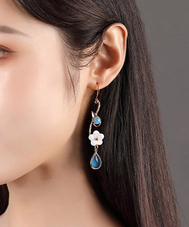 Blue Copper Crystal Coloured Glaze Pearl Shell Flowwer Water Drop Drop Earrings