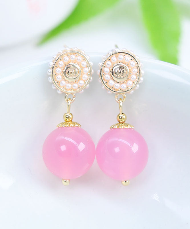 Pink Sterling Silver Pearl Chalcedony Ball Drop Earrings