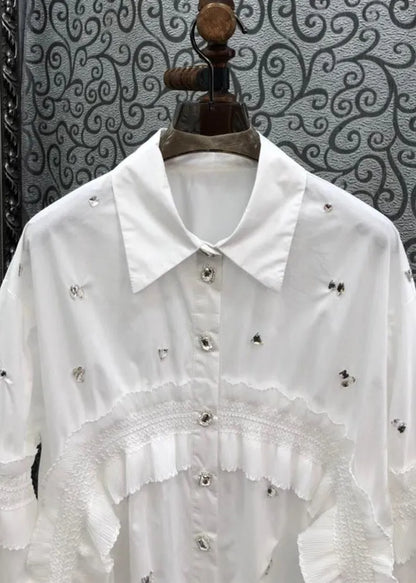 Brief White Peter Pan Collar Ruffled Patchwork Nail Bead Shirts Spring