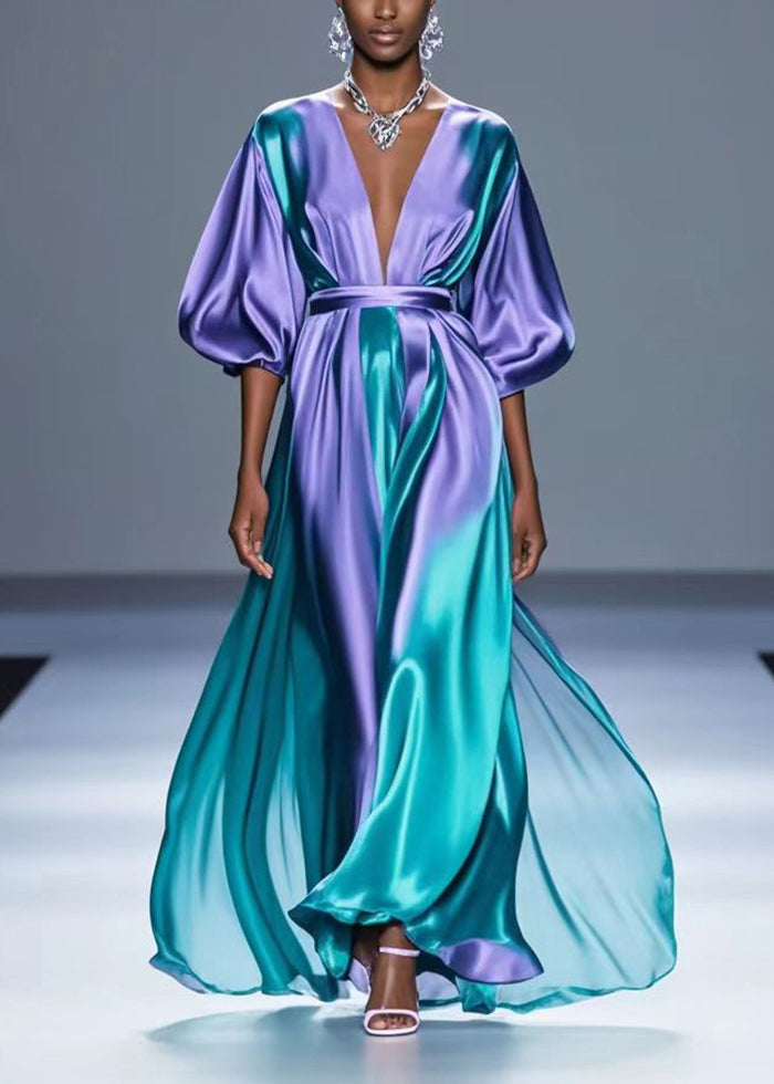 Gradient Purple V Neck Tie Dye Silk Long Dress Fall