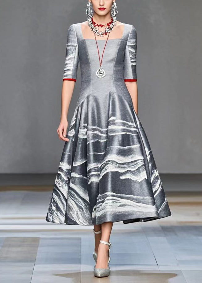 Grey Print Exra Large Hem Cotton Dress Half Sleeve