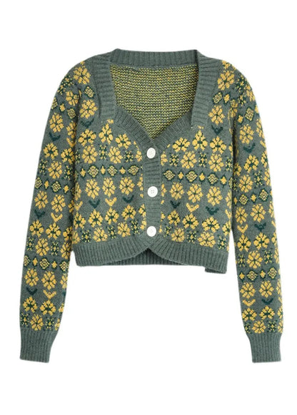 Purple V Neck Button Print Knit Short Cardigans Spring