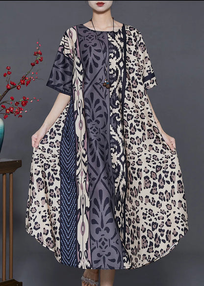 Khaki Oversized Leopard Print Silk Dress Summer