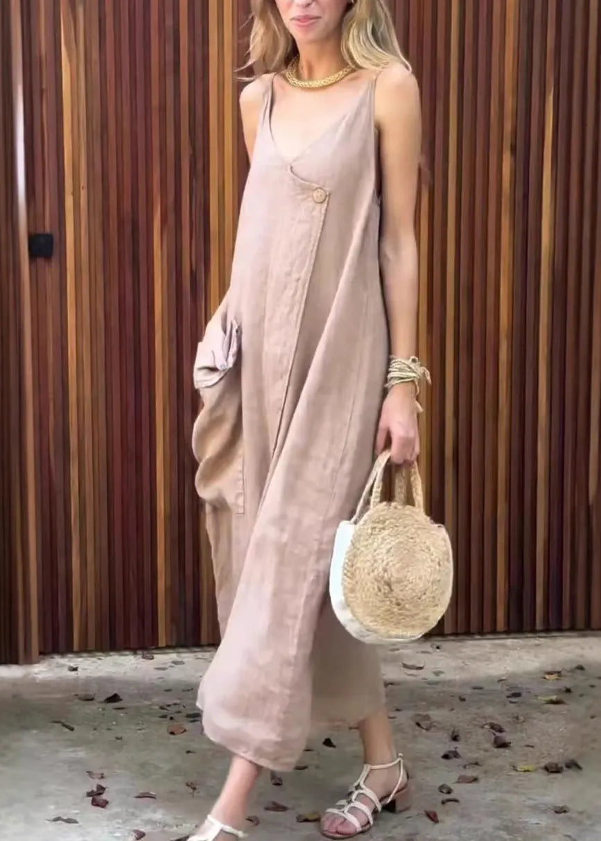 Khaki V Neck Pockets Cotton Spaghetti Strap Dress Summer